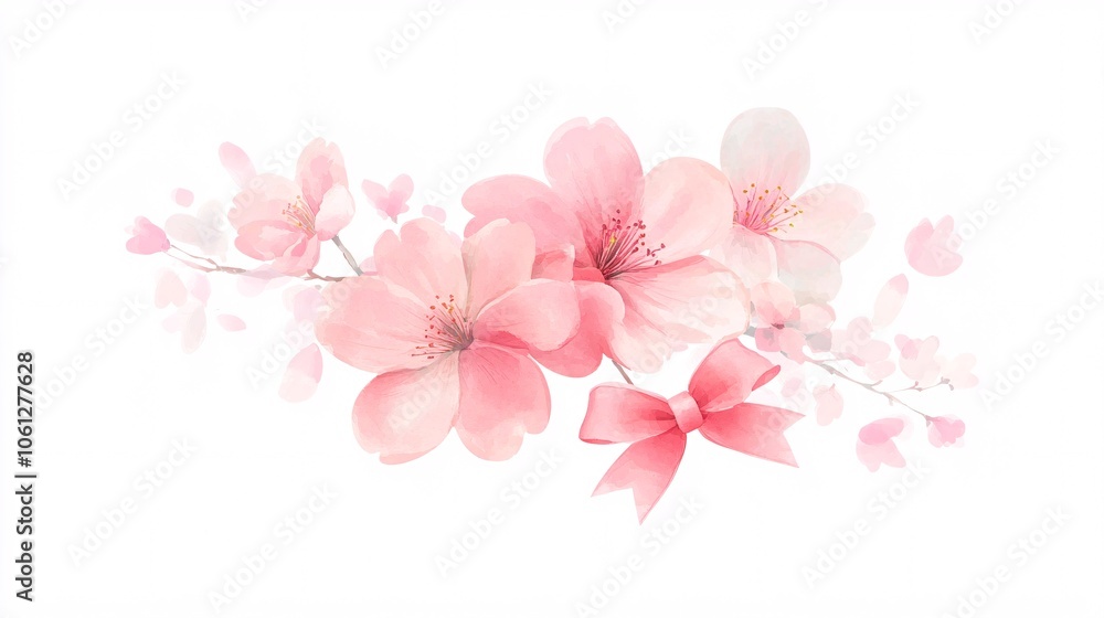 graceful floral arrangement, pink sakura blooms, translucent bow ties, watercolor texture, light and airy composition, botanical illustration style, subtle color gradients, spring-inspired palette, graceful floral arrangement, pink sakura blooms, translucent bow ties, watercolor texture, light and airy composition, botanical illustration style, subtle color gradients, spring-inspired palette,