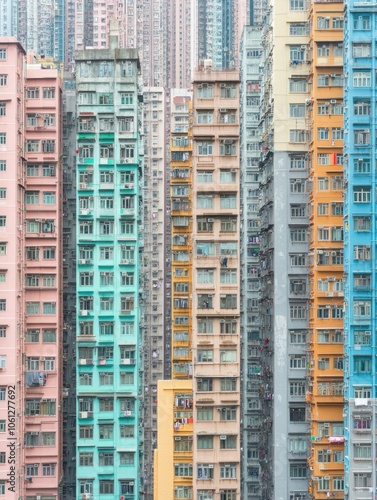 Colorful high-rise buildings in a densely populated urban area.