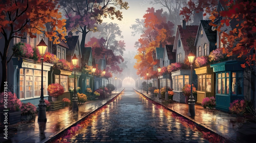 Fototapeta premium The quaint town awakens on an autumn morning with vibrant leaves and warm lantern light reflecting off the cobblestone street creating a serene atmosphere