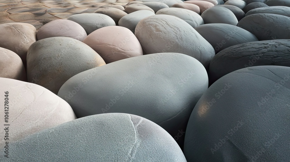 Fototapeta premium Smooth pastel pebbles are scattered across the beach reflecting the calmness of the early morning light as waves gently lap the shore nearby