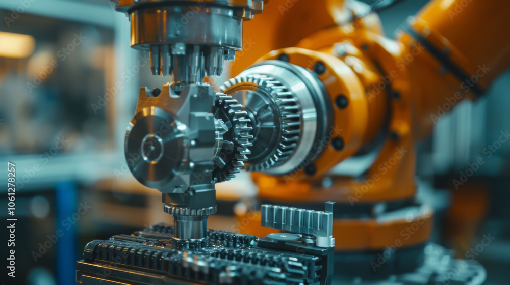 robotic arm is engaged in precision assembly, showcasing intricate gears and components in modern industrial setting. scene highlights advanced technology and automation in manufacturing robotic arm is engaged in precision assembly, showcasing intricate gears and components in modern industrial setting. scene highlights advanced technology and automation in manufacturing