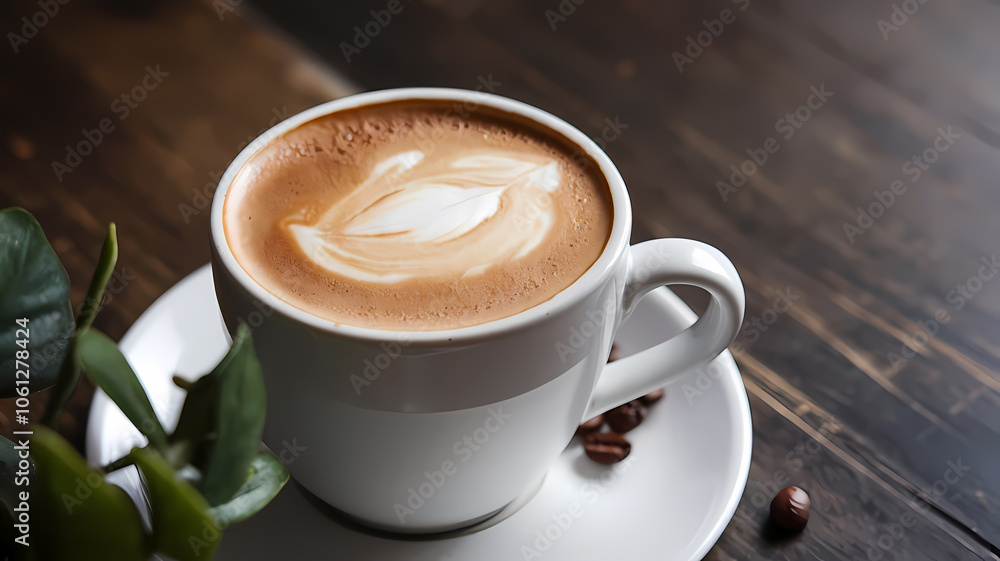 Obraz premium A close-up of a latte art coffee cup on a wooden surface, surrounded by coffee beans and a leafy plant, showcasing a cozy coffee moment. Ideal for café or coffee culture content.