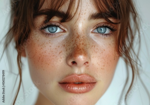 Close-Up Portrait of a Young Woman with Freckles and Blue Eyes