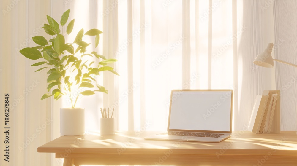 sunlit home office, wooden desk, open laptop, potted plant, white curtains, cozy interior design, soft natural lighting, minimalist workspace sunlit home office, wooden desk, open laptop, potted plant, white curtains, cozy interior design, soft natural lighting, minimalist workspace