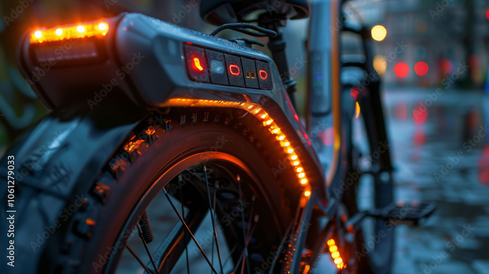 close up view of electric bike showcasing its illuminated charging port and tire, reflecting vibrant urban environment. glowing lights create modern and dynamic atmosphere close up view of electric bike showcasing its illuminated charging port and tire, reflecting vibrant urban environment. glowing lights create modern and dynamic atmosphere