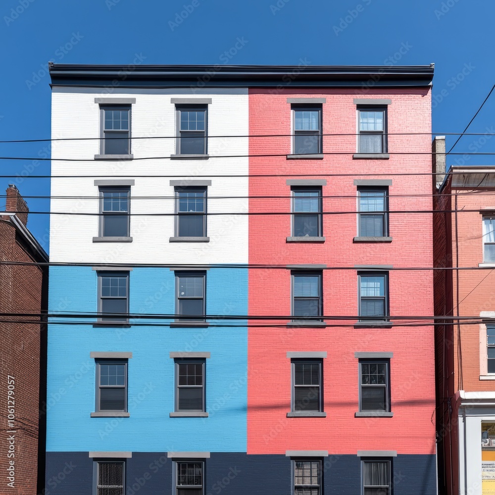 Fototapeta premium A colorful urban building with red, white, and blue paint and black trim.