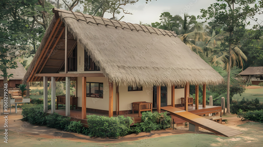 Charming tropical house with a thatched roof set amidst lush greenery, featuring a cozy porch and wooden deck, perfect for relaxation in a serene outdoor environment. Charming tropical house with a thatched roof set amidst lush greenery, featuring a cozy porch and wooden deck, perfect for relaxation in a serene outdoor environment.