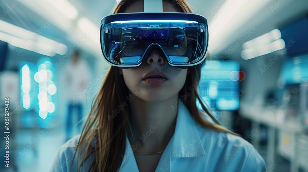 Futuristic Female Scientist in Lab with Advanced VR Headset Futuristic Female Scientist in Lab with Advanced VR Headset