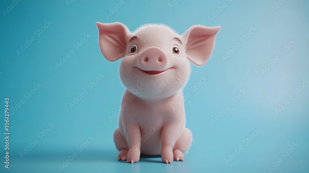 Cute Cartoon Piglet Sitting on Blue Background Cute Cartoon Piglet Sitting on Blue Background