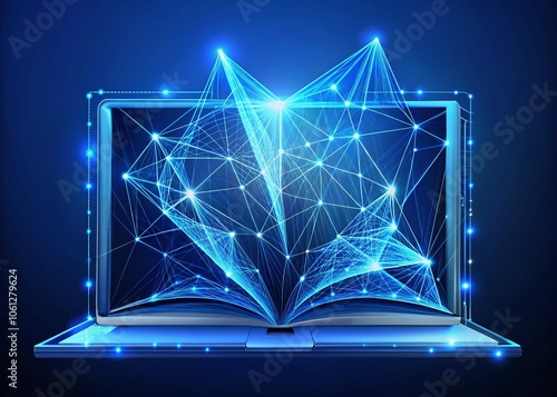 Low-poly wireframe book sits atop a glowing computer, symbolizing online learning.