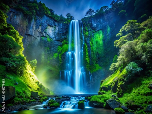 Lush Waterfall Cascading Cliffside at Night photo