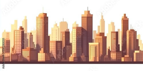 A stylized city skyline illustration in warm tones.