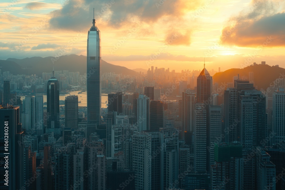 A stunning sunset view over a city skyline with towering skyscrapers and mountains in the background. A stunning sunset view over a city skyline with towering skyscrapers and mountains in the background.