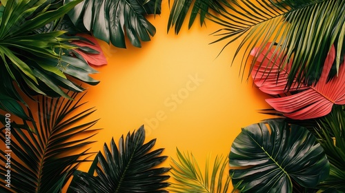 Tropical Leaves on Vibrant Yellow Background photo