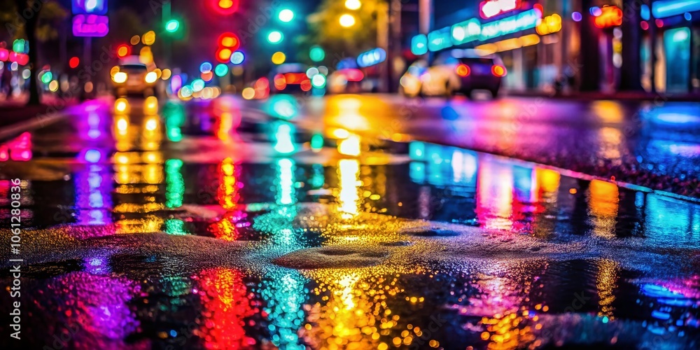 Fototapeta premium Neon Reflections Wet Road Night Photography AI Art