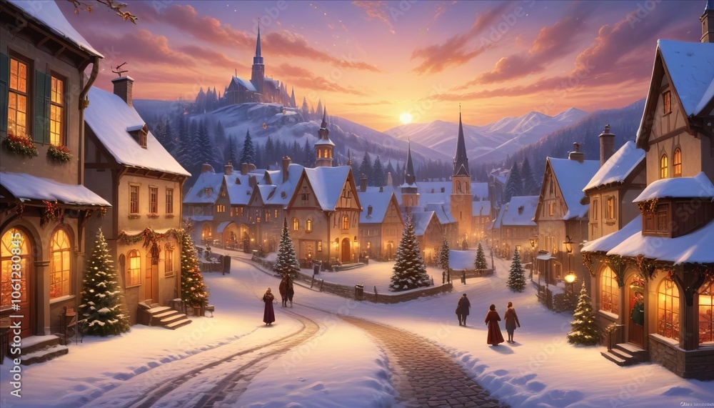 Winter evening in an ancient Russian town with snow-covered architecture, an ornate cathedral towering against the sky, and a peaceful atmosphere filled with history and holiday spirit Winter evening in an ancient Russian town with snow-covered architecture, an ornate cathedral towering against the sky, and a peaceful atmosphere filled with history and holiday spirit