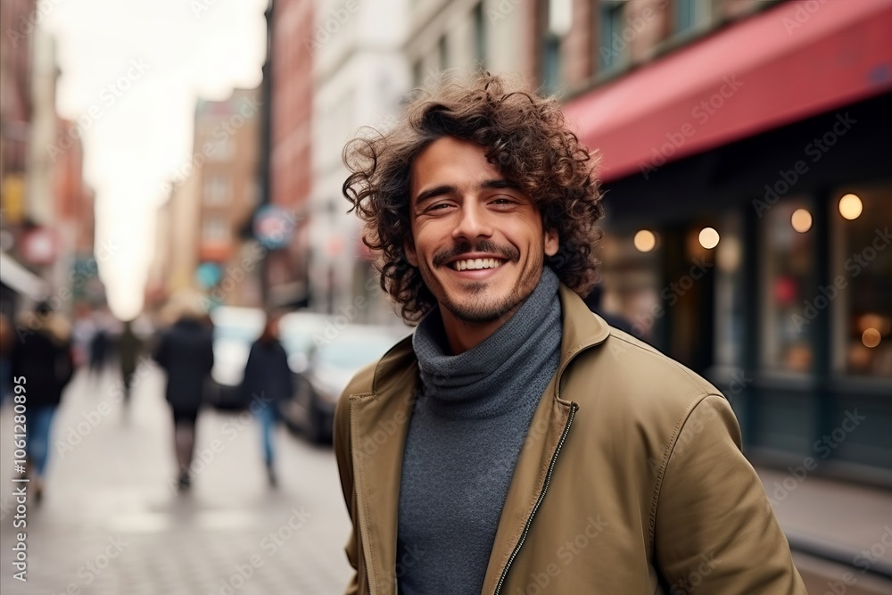Portrait of a handsome young man with curly hair in the city Portrait of a handsome young man with curly hair in the city