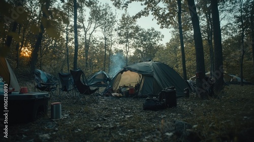 A campsite in the woods with a tent, chairs, a campfire, and other camping gear.