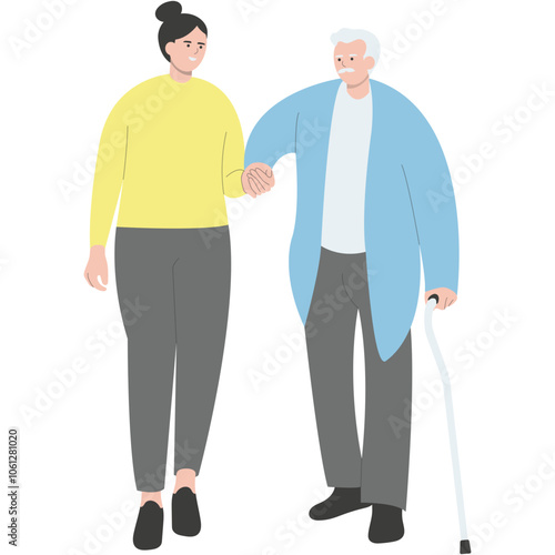 Young Volunteers Character Care for Elderly People. Flat Vector Illustration.