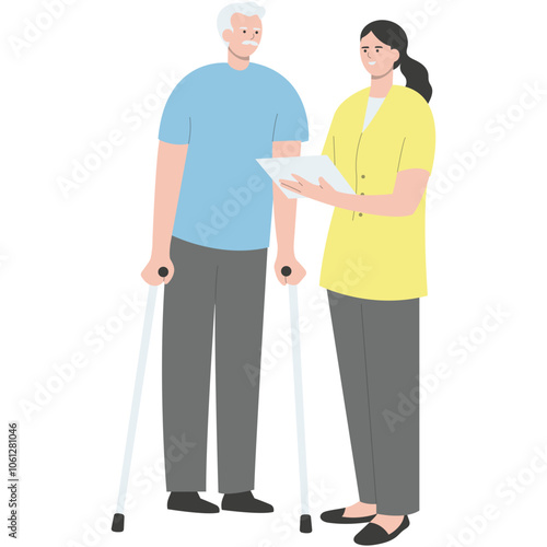 Young Volunteers Character Care for Elderly People. Flat Vector Illustration.