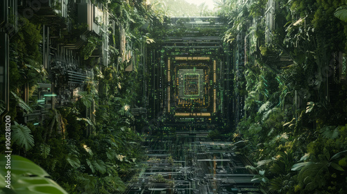 Futuristic Jungle Data Center Corridor