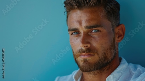 Handsome Young Man with Intense Gaze Against Blue Background