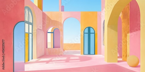 A colorful, abstract architectural space with arches and vibrant walls under a clear sky.