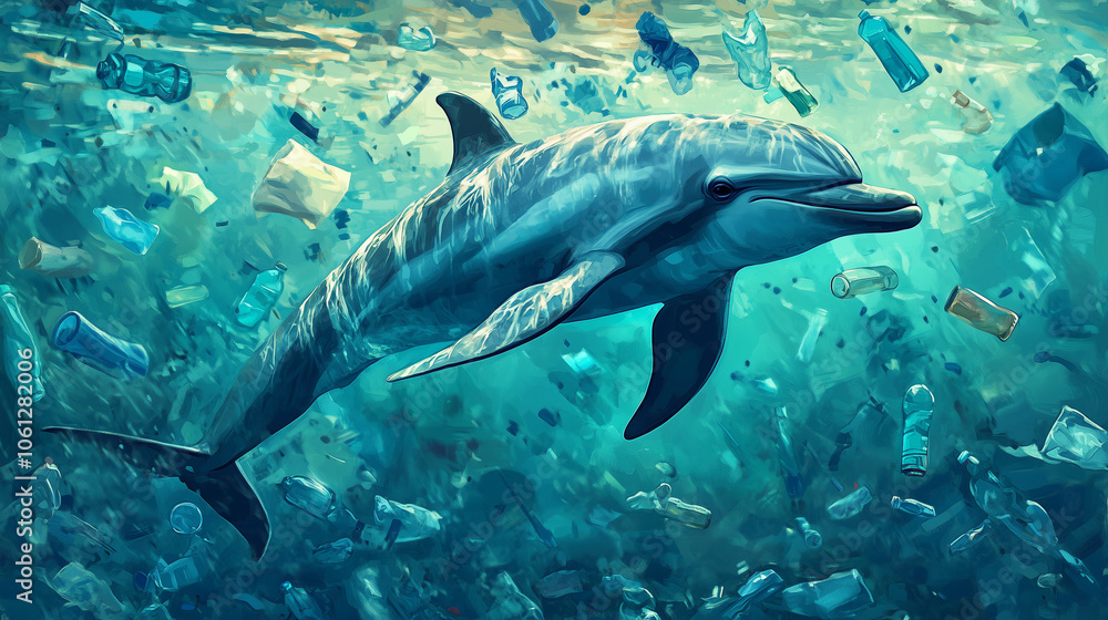 Fototapeta premium Ocean life swimming through a sea of plastic bottles and bags, with a somber expression as it navigates the polluted waters, highlighting the dangers of microplastic ingestion,