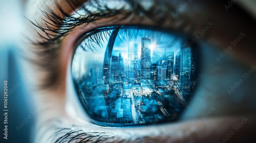 A close-up shot of a human eye with a reflection of a city skyline. A close-up shot of a human eye with a reflection of a city skyline.