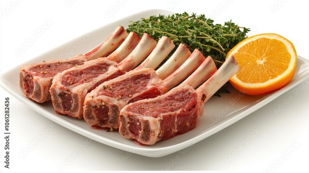 Fresh Raw Lamb Chops with Herbs and Orange Slice on White Plate for Culinary and Cooking Concepts Fresh Raw Lamb Chops with Herbs and Orange Slice on White Plate for Culinary and Cooking Concepts