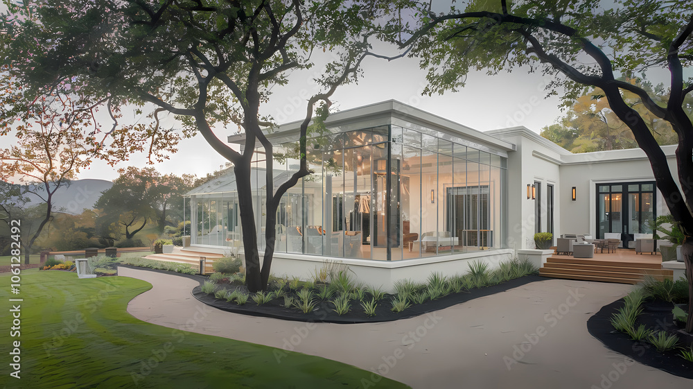 Obraz premium Modern glass house surrounded by lush greenery, featuring spacious outdoor areas and a contemporary design. Ideal for architecture enthusiasts and home design inspiration.