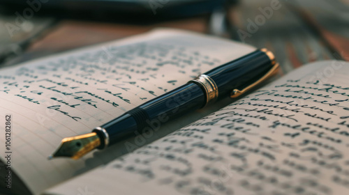 fountain pen resting on leather bound book, surrounded by handwritten notes, evokes sense of nostalgia and creativity. elegant design of pen complements classic style of book