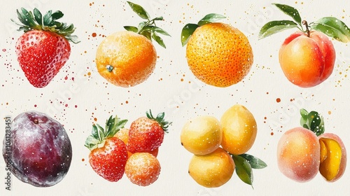 Vivid watercolor illustrations showcase eight types of fruits arranged in a grid of 4 columns and 2 rows, with each cell displaying a different fruit