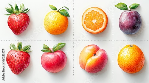 Vivid watercolor illustrations showcase eight types of fruits arranged in a grid of 4 columns and 2 rows, with each cell displaying a different fruit