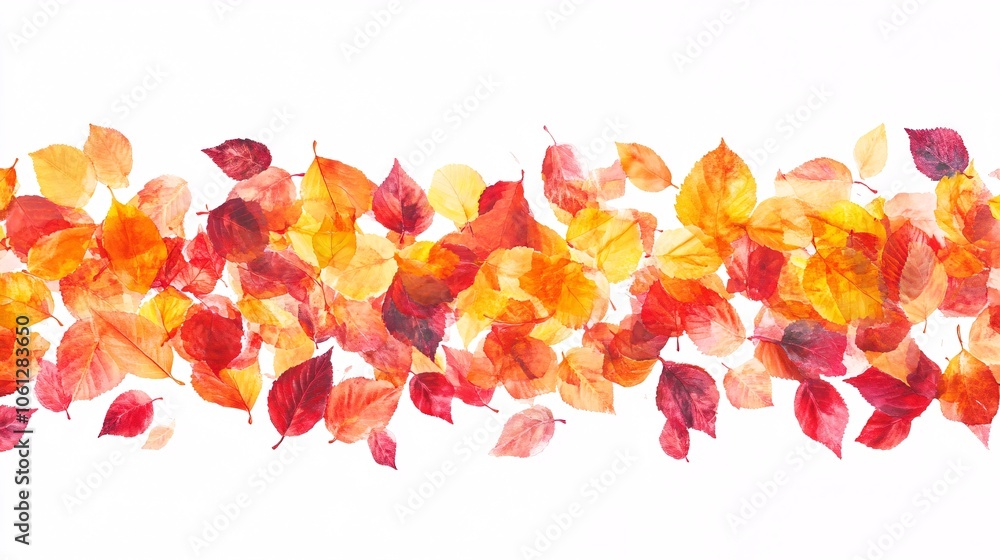 32.A border of vibrant autumn leaves in shades of red, yellow, and orange, arranged in a flowing pattern around the edges of a white background, with ample copy space in the center for text.