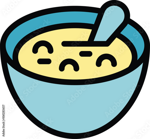 Simple icon of a blue bowl filled with soup and a spoon resting on top