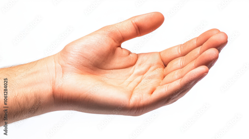 Hand and finger gesture, human hand with open palm, showcasing relaxed posture and natural skin tone. Ideal for concepts of greeting or offering Hand and finger gesture, human hand with open palm, showcasing relaxed posture and natural skin tone. Ideal for concepts of greeting or offering