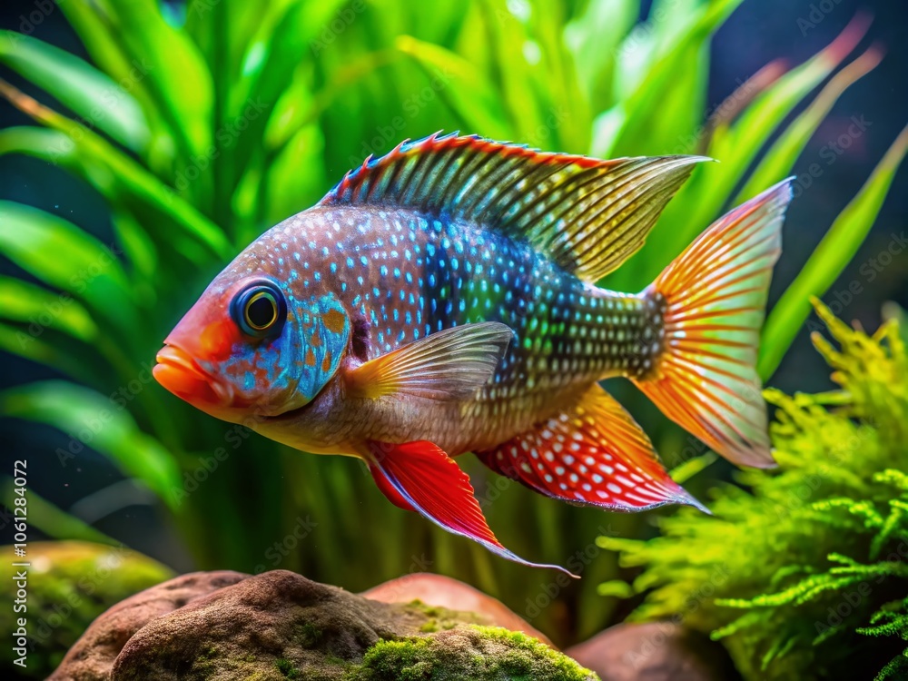 The white staircase landscape provides a striking contrast to the Amazon Ram Cichlid. The white staircase landscape provides a striking contrast to the Amazon Ram Cichlid.