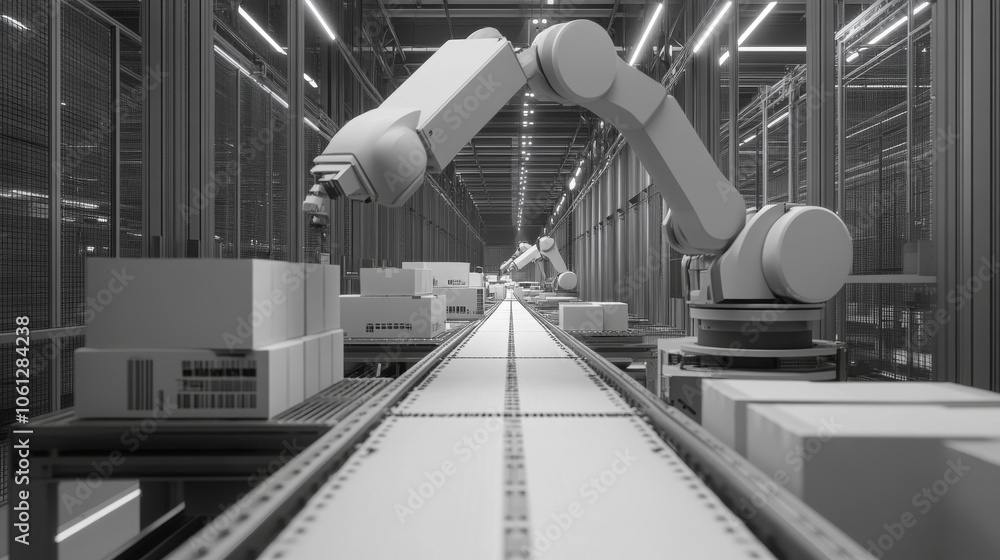 Naklejka premium Automated Robotic Arm in Modern Warehouse