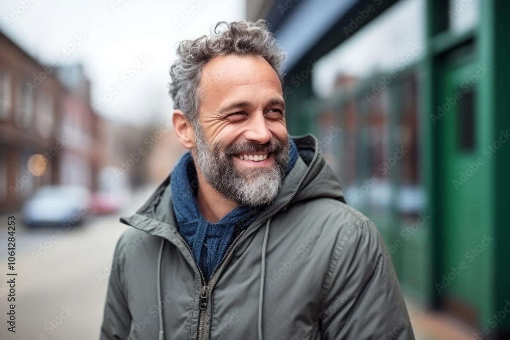 Portrait of a smiling senior man with grey hair and beard in a city street Portrait of a smiling senior man with grey hair and beard in a city street
