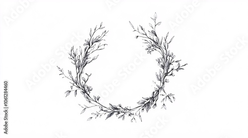 107.A detailed, hand-drawn floral circle frame featuring fine branches, dainty leaves, and small blossoms, arranged symmetrically in a wreath-like design, offering a minimalist and sophisticated look. photo