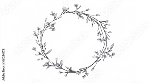 107.A detailed, hand-drawn floral circle frame featuring fine branches, dainty leaves, and small blossoms, arranged symmetrically in a wreath-like design, offering a minimalist and sophisticated look.