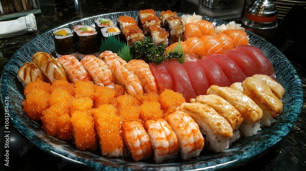 Assorted Sushi Platter with Nigiri, Sashimi, and Rolls on Decorative Plate in Restaurant Setting Assorted Sushi Platter with Nigiri, Sashimi, and Rolls on Decorative Plate in Restaurant Setting