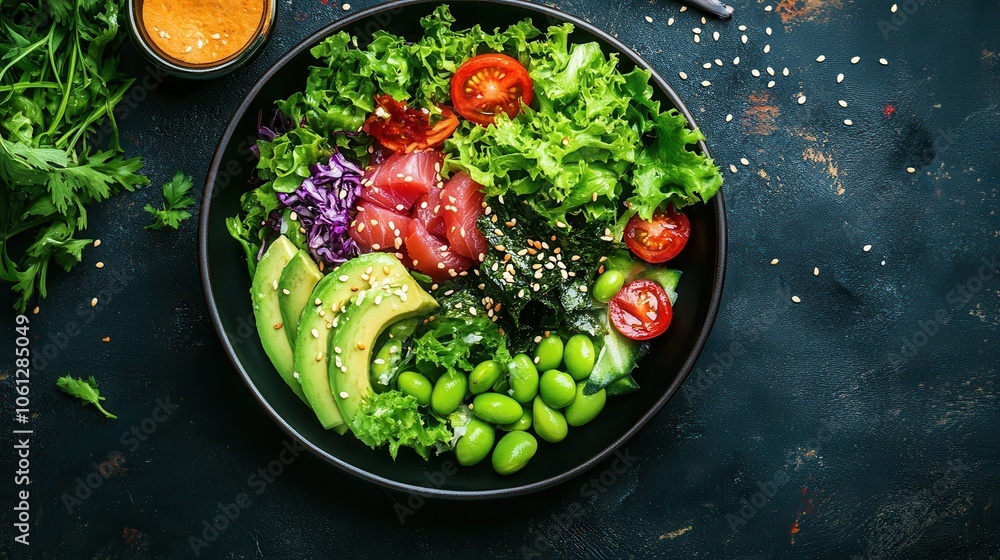 Fresh and Vibrant Poke Bowl with Tuna, Avocado, Edamame, and Mixed Greens on a Dark Rustic Background Fresh and Vibrant Poke Bowl with Tuna, Avocado, Edamame, and Mixed Greens on a Dark Rustic Background