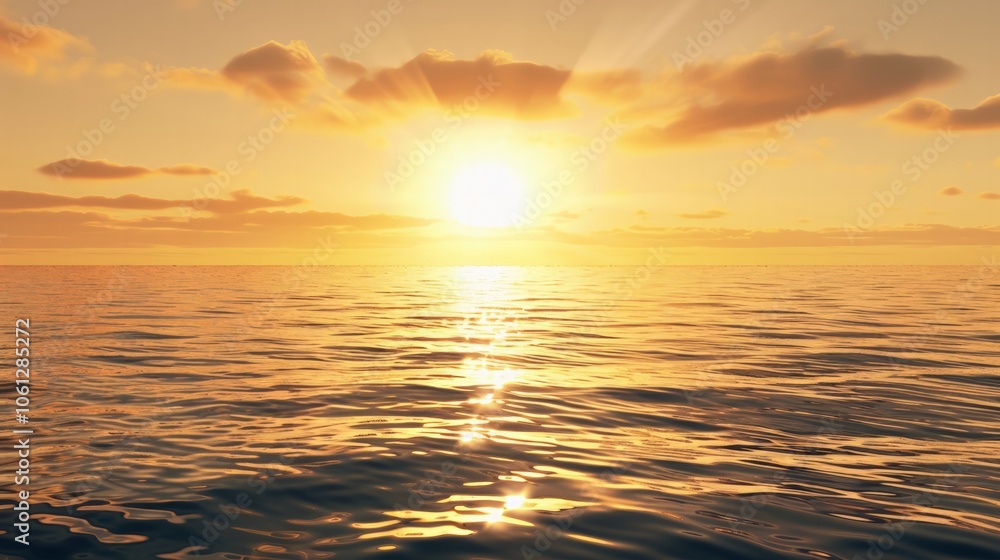 Fototapeta premium Glowing sun rising above a peaceful ocean, casting golden reflections on the water, with ample space left for centered content