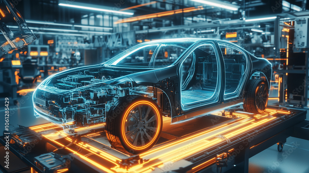 Futuristic Electric Car Manufacturing with Advanced Technology in High-Tech Assembly Line Futuristic Electric Car Manufacturing with Advanced Technology in High-Tech Assembly Line