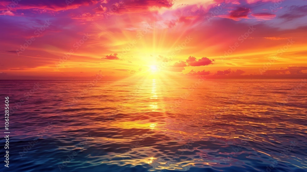 Fototapeta premium Sun setting behind a distant horizon, casting vibrant colors across a calm ocean with ample space in the sky for text