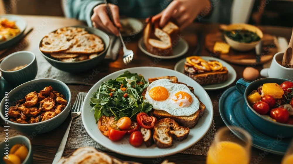 Delicious Breakfast Spread with Eggs, Toast, and Fresh Vegetables on a Rustic Wooden Table Setting Delicious Breakfast Spread with Eggs, Toast, and Fresh Vegetables on a Rustic Wooden Table Setting
