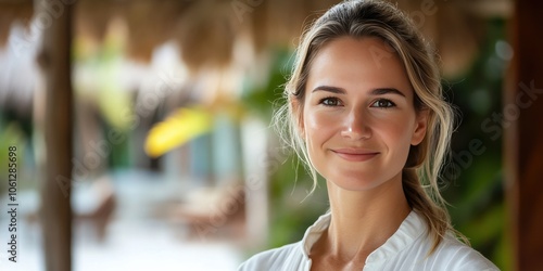 Smiling Young Woman in Tropical Setting with Natural Background