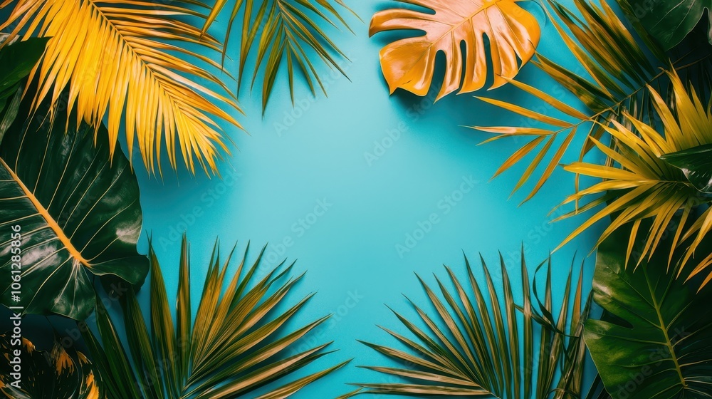 Obraz premium Tropical Leaves Frame on Vibrant Background